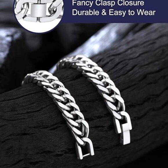 Cuban Link Chain Bracelet for Men Silver Chunky Chain Jewelry - Picture 3 of 5